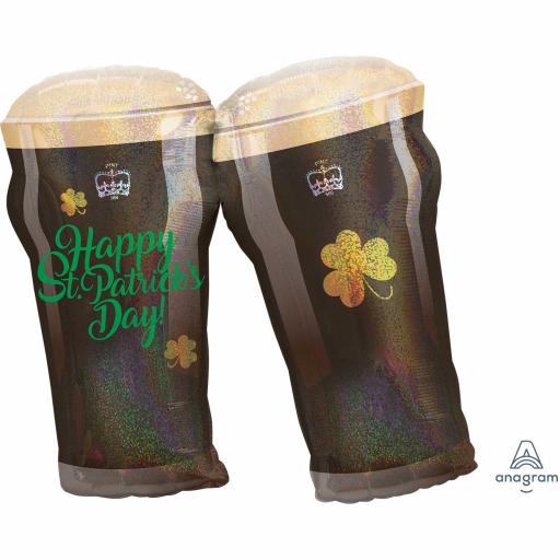 Happy St. Patrick's Day Holographic Beer Glasses SuperShape Foil Balloons 26"/66cm w x 28"/71cm
