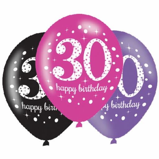 30th Birthday Latex Balloons - 6 Pack