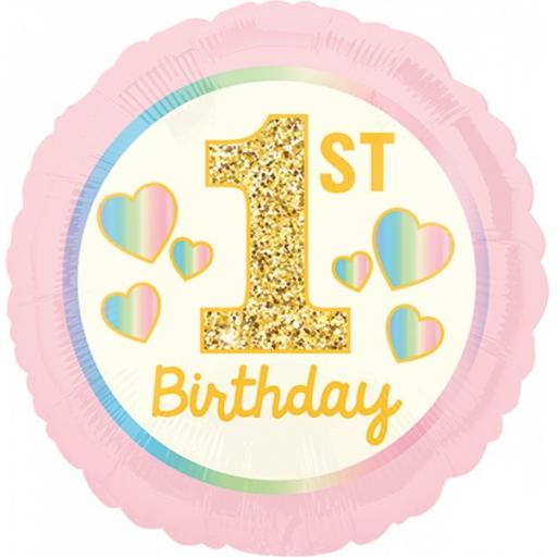 1st Birthday Girl Pink & Gold 17in (43cm) Foil Balloon