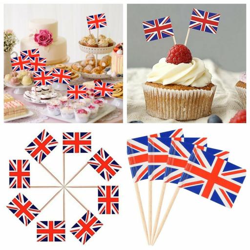 50 Union Jack Cocktail Sticks Cupcake Toppers Queens Jubillee Party Table Decor