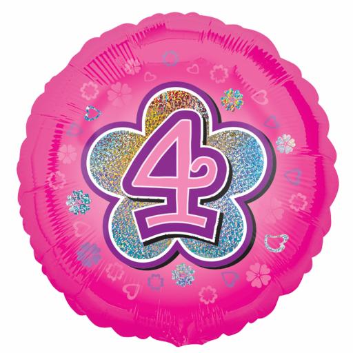 Pink Flowers Age 4 Standard Holographic Foil Balloon S40 - 5 PC