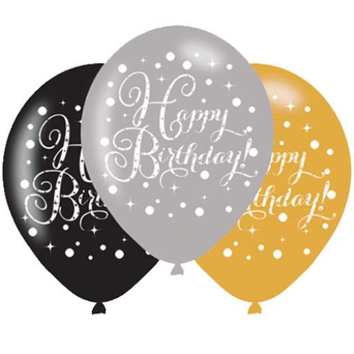 black, silver & gold happy birthday latex balloons x 6
