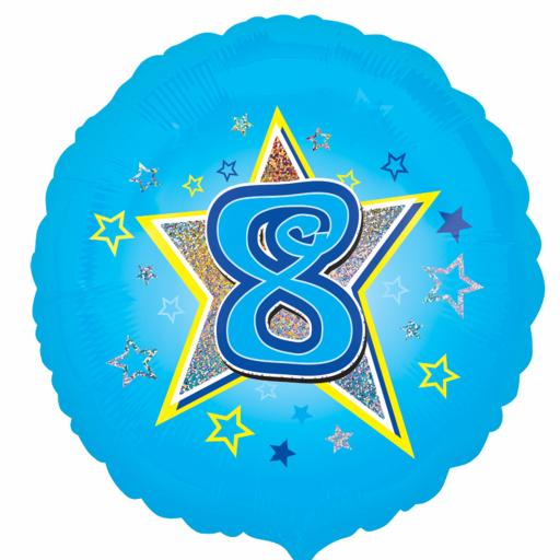 Blue Stars Age 8 Standard Holographic Foil Balloon S40 - 5 PC