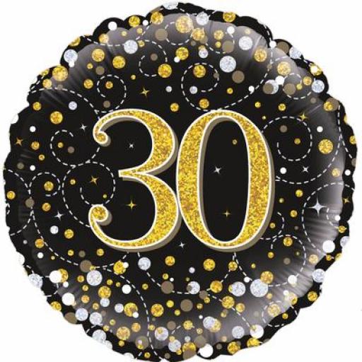 30th Sparkling Fizz 18'' Birthday Black and Gold Holographic Foil