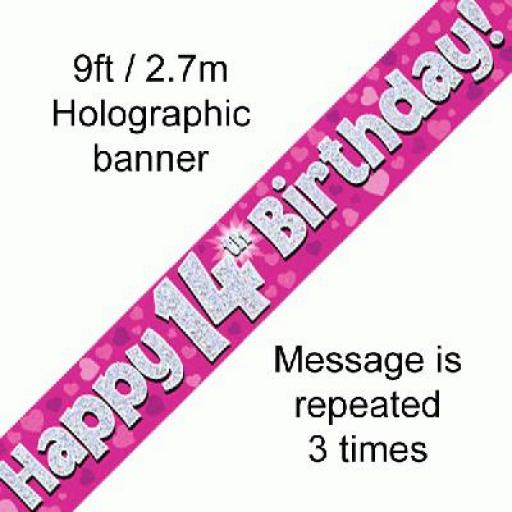 14th Happy Birthday Holographic Pink Banner 2.7 M Long