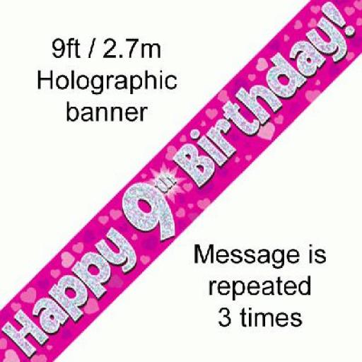 9th Happy Birthday Holographic Pink Banner 2.7 M Long