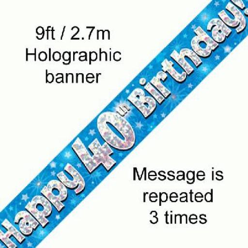 40th Happy Birthday Blue Holographic Banner 2.7 M Long