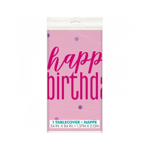 Plastic Tablecloth, 7ft x 4.5ft, Pink, Happy Birthday