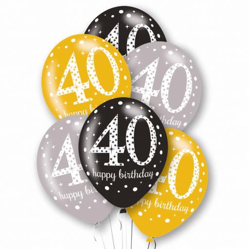 Age 40 Black, Silver & Gold Mix Latex Balloons 11"