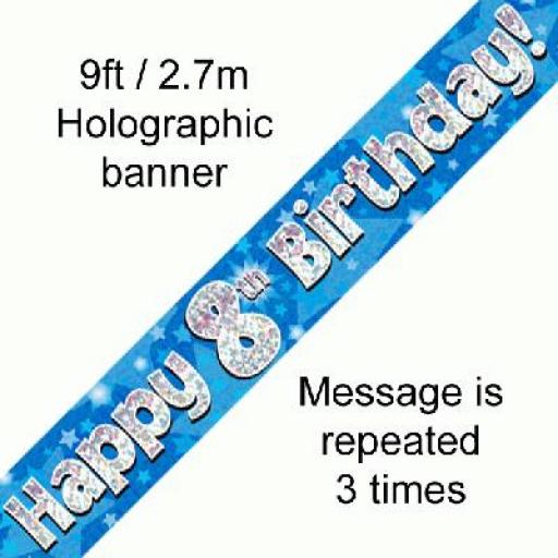 8th Happy Birthday Holographic Blue Banner 2.7 M Long