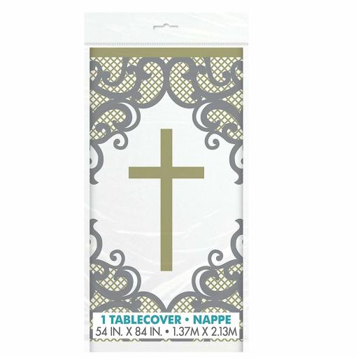 Communion Plastic Table Cover Tablecloth Gold/ Silver Cross 54x84'