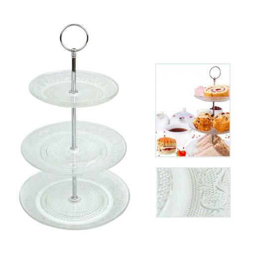 3 Tier Cake Stand Glass Muffin Cupcake Embossed Afternoon Tea Serving Platter