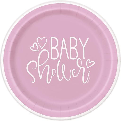 Pink Hearts Baby Shower Round Dinner Plates, 9" 8 Pc