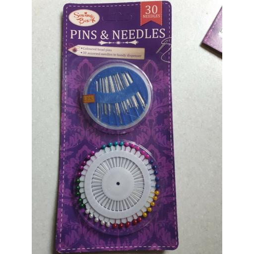 Sewing Box Kit Coloured Head Pins +30 Hand Sewing Needles In Handy Dispenser