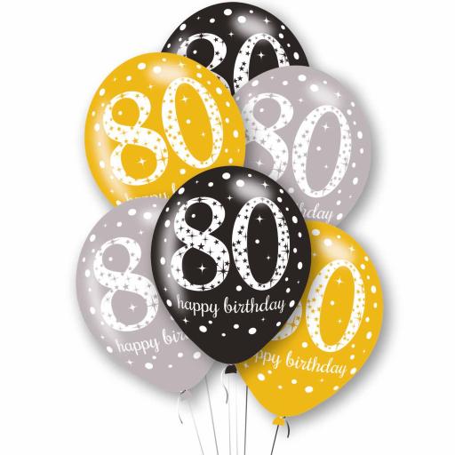 Age 80 Black, Silver & Gold Mix Latex Balloons 11"