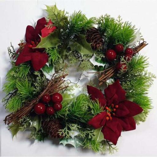 Plastic Coated Holly 25cm Hanging Christmas Wreath With Red Poinsettia