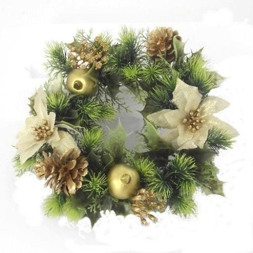 Plastic Holly Wreath Small Whit Poinsettia Gold