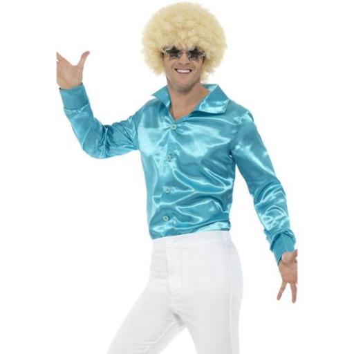 Blue Mens 60s Groovy Satin Disco Shirt - Fancy Dress Adult 70s Costume