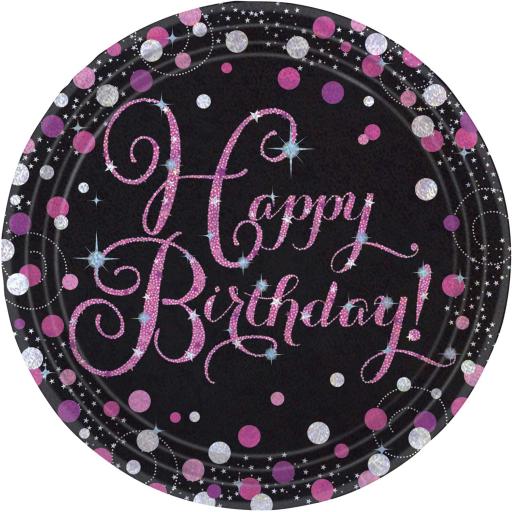 Pink Sparkling Celebration Happy Birthday Prismatic Paper Plates 23cm