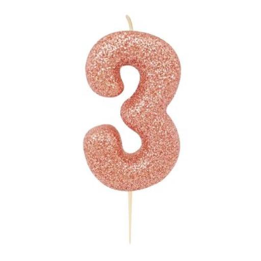 Rose Gold Glitter Numeral 3 Candle