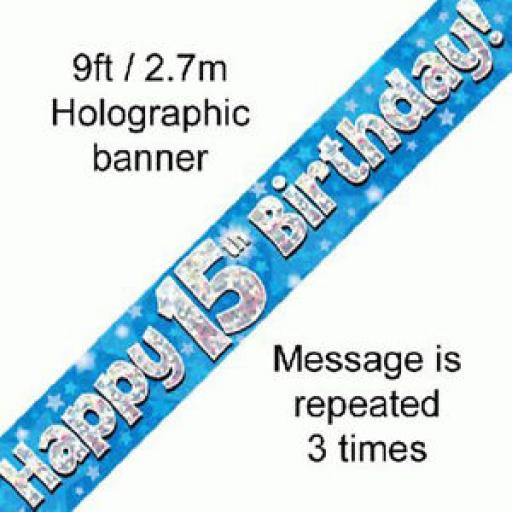 15th Happy Birthday Holographic Blue Banner 2.7 M Long