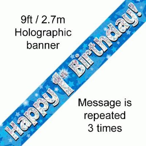 1st Happy Birthday Holographic Blue Banner 2.7 M Long