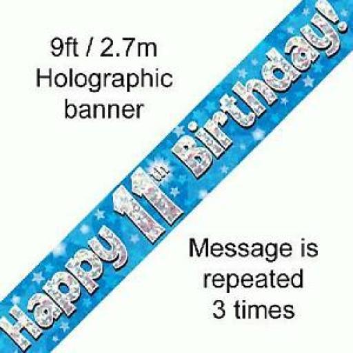 11th Happy Birthday Holographic Blue Banner 2.7 M Long