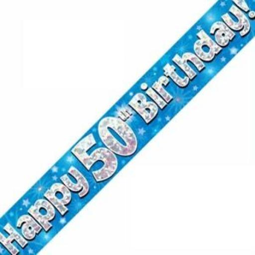50th Happy Birthday Blue Holographic Banner 2.7 M Long