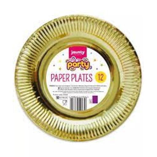 23cm Round Disposable Paper Party Plates, Gold - Pack of 12