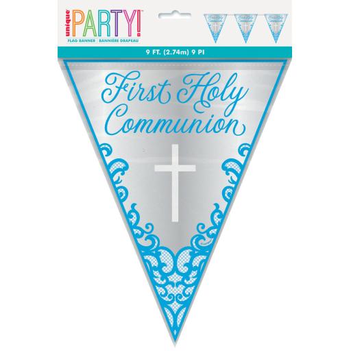 Blue 1st Holy Communion Bunting Party Decoration Blue & Silver Foil Flag Banner
