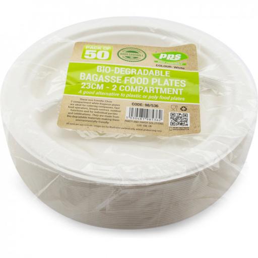 Biodegradable Plates Bagasse White 23cm 2 Compartment 50pc