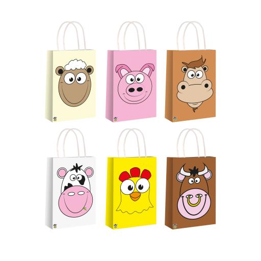 Farm Animal Faces Paper Party Bag with Handles, 6 Assorted Designs