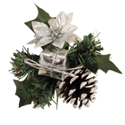 CHRISTMAS PICK WITH PARCEL POINSETTIA AND CONE SILVER