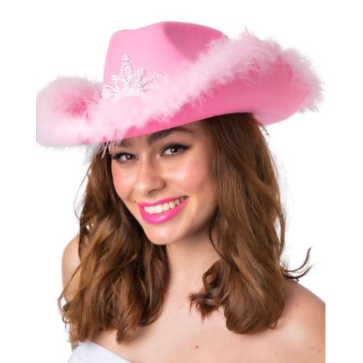 Pink Cowgirl Hat w/ Tiara & Feathers