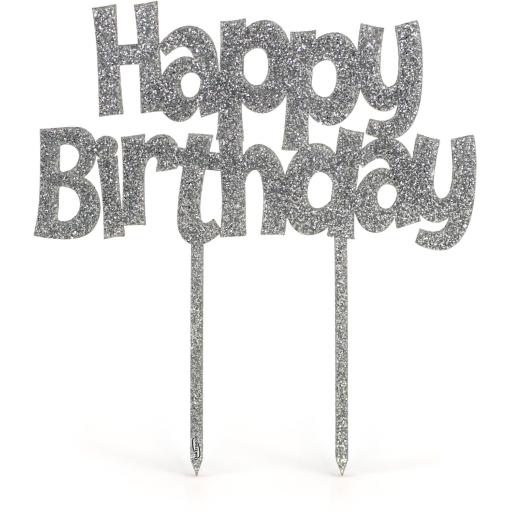 Acrylic Silver Glitter Cake Topper Happy Birthday H147mm x W160mm