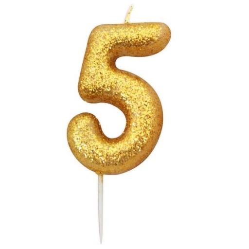 No 5 - Gold Glitter Numeral Moulded Cake Candle