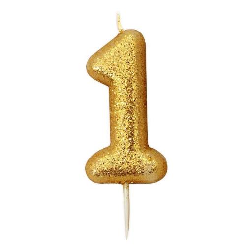 No 1 - Gold Glitter Numeral Moulded Cake Candle
