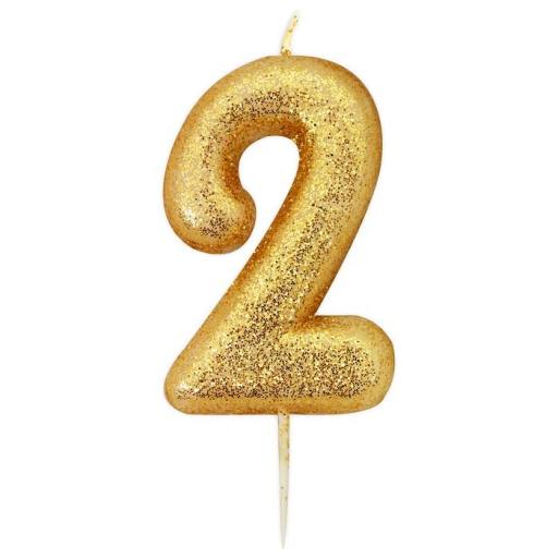 No 2 - Gold Glitter Numeral Moulded Cake Candle