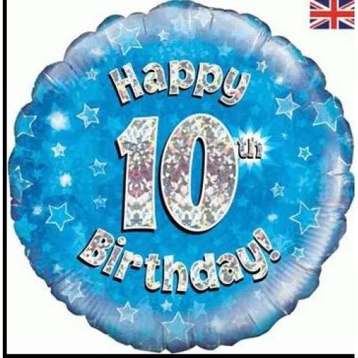 18inch Happy 10th Birthday Blue Holographic Foil Balloon