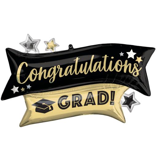 Congratulations Grad Gold & Black SuperShape Foil Balloons 38"/96cm w x 23"/58cm