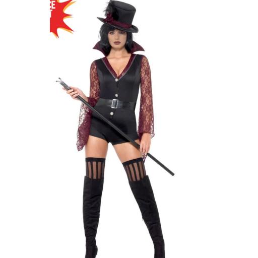 Fever Vampire Costume, Black, High Collar Bodysuit, Attached Belt & Hat