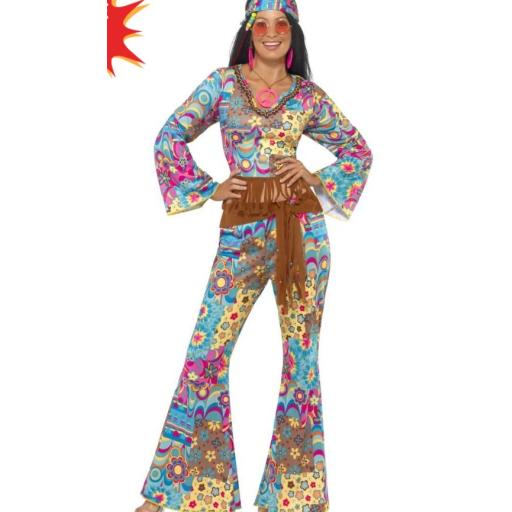 Hippy Flower Power Costume with Top, Trousers, Headband and Belt SML