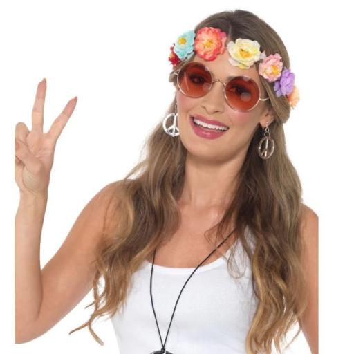 Hippie Festival Kit, Multi-Coloured, Flower Headband, Glasses, Medallion & Earrings