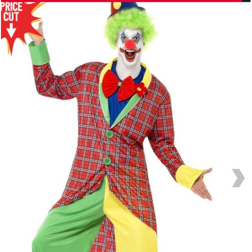 Deluxe La Circus Clown Costume, Multi-Coloured, Jacket, Trousers, Mock Shirt Bow Tie & Shoe Covers Size L