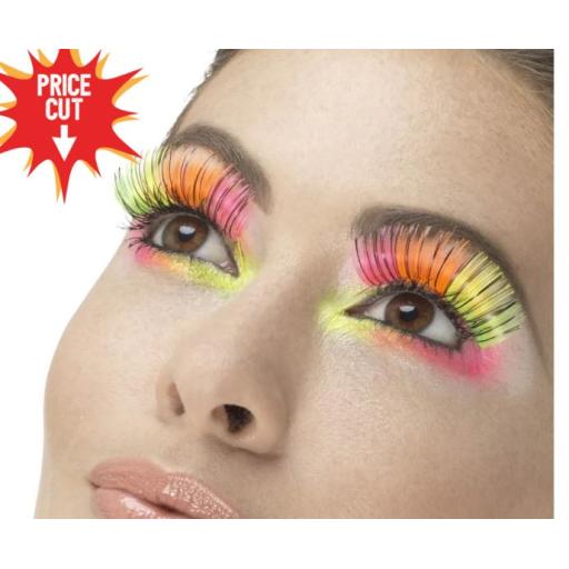 80s Party Eyelashes, Neon, Multi-Coloured with Black Stripe, Contains Glue