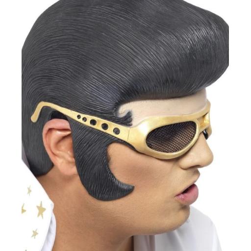 Elvis Headpiece, Black, with Hair & Gold Shades Mask