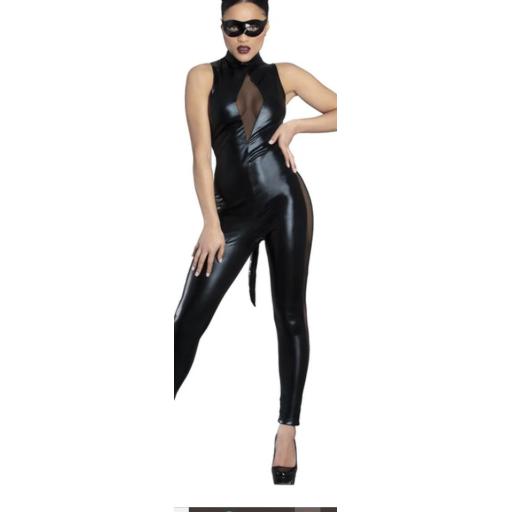 Fever Cat Woman Costume, Jumpsuit, Mask, Ears & Detachable Tail Size Small