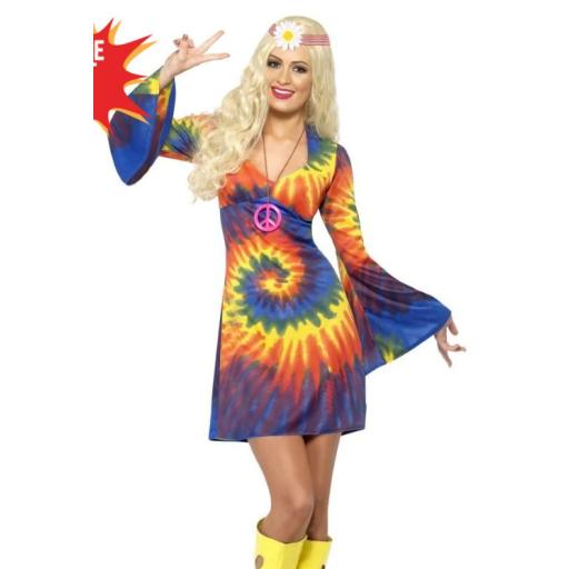 60s Tie Dye Costume, Psychedelic, with Dress Size L