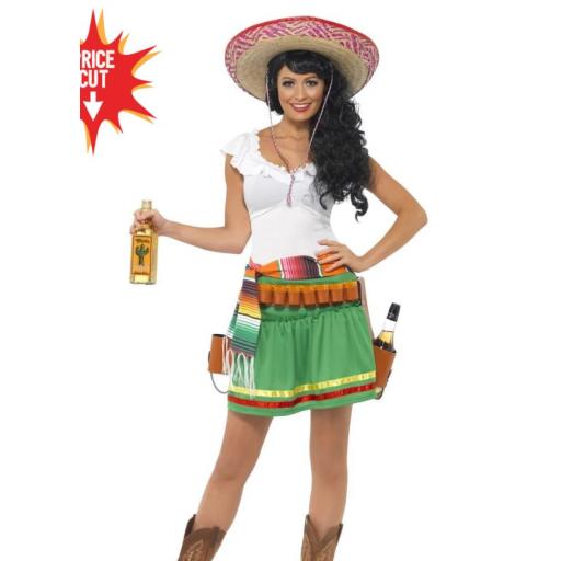 Tequila Shooter Girl Costume, Green, with Dress, Striped Belt and Belt with Holste Size Medium