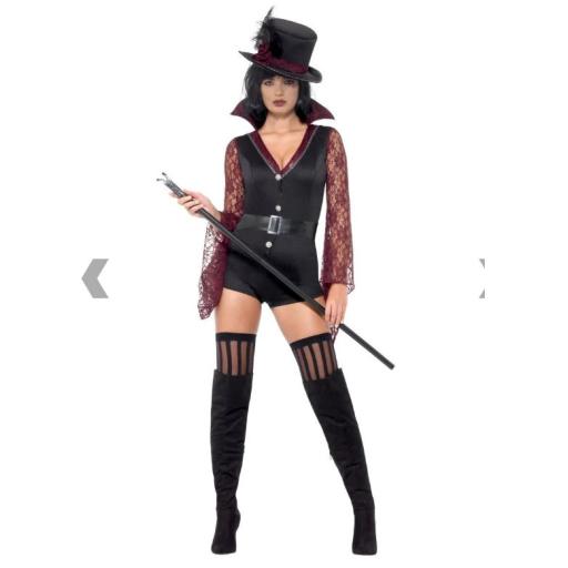 Fever Vampire Costume, Black, with High Collar Bodysuit, Attached Belt & Hat Size M